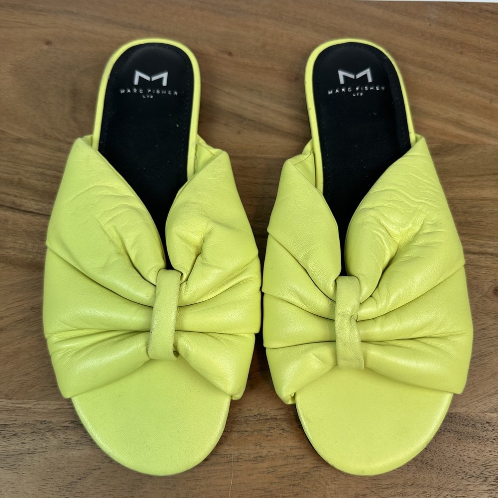 Womens Marc Fisher LTD Olita Neon Green Leather Casual Bow Slides Sandals Sz 7.5
